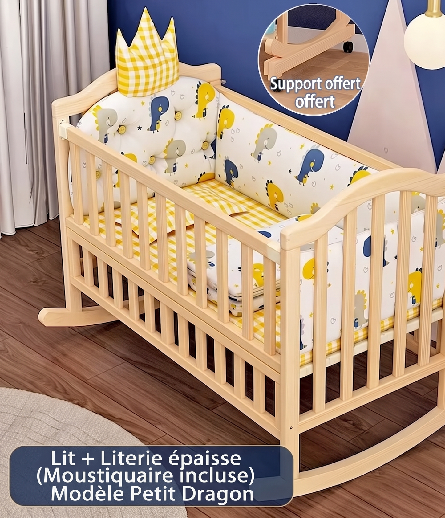 Cuna de Madera Maciza Mecedora — Colchón de Fibra de Palma Incluido